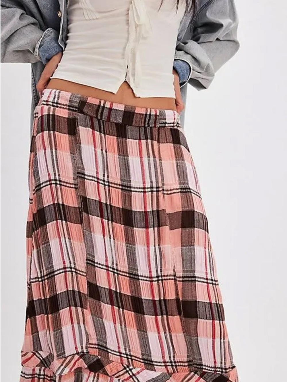 NWT Free People skirt Bordeaux Plaid Tiered Maxi peach - renaissance S (XS-M?) - Picture 9 of 17